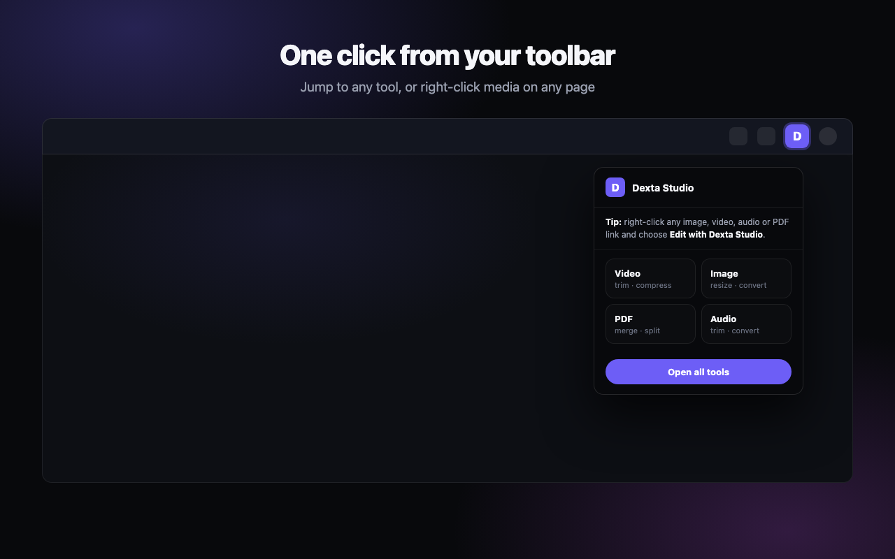 The Dexta Studio toolbar popup launcher