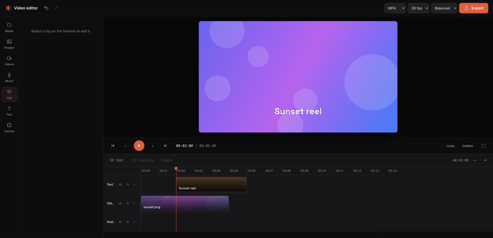 The Dexta Studio video editor — a clip and a caption on the timeline with a live preview